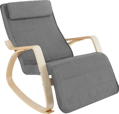 A gray rocking chair with wooden armrests and base, shown against a white background.