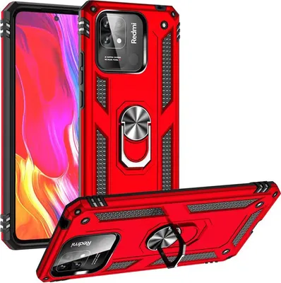 A red protective phone case with a ring holder, shown from multiple angles.