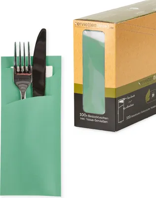 Produktbild von Bestecktasche Prime Fit in Eukalyptus 85 x 190 mm, mit weißer Tissue-Serviette - 100 Stück