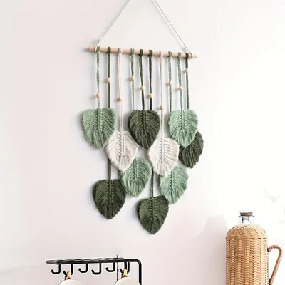 Produktbild von Blätter Zimmer Dekor, Wandbehang Wandteppich im Bohème Stil, grüne Makramee Schlafzimmer Wand Dekor