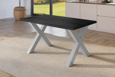 Produktbild von Refurbished Möbelretoure Esstisch 120x80 cm Baumkante Holz Grau-Optik X-Gestell Metall silber JULIUS