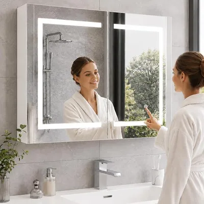Productafbeelding van Spiegelschaaf voor de badkamer met verlichting, 80x60x14 cm, badkamerspiegelkast met 2 verstelbare glazen planken, instelbare kleurtemperatuur, touchbediening, dubbele deuren, wit