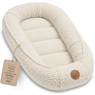 Produktbild von Babynest Nestchen Baby aus Teddy Plüsch 90x50 cm - Babynestchen geborene Nest für Kinder Bett und Babybett tragbar Kuschelnest Coccon für Jungen und Mädchen Cremefarben