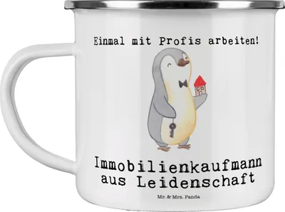 Produktbild von Mr. & Mrs. Panda Haferl Immobilienkaufmann Leidenschaft - Weiß - Geschenk, Pott, Emaille Tasse, Teetasse, Kaffeepott, Spruch, Teebecher, Immobilienmakler, Outdoor Becher
