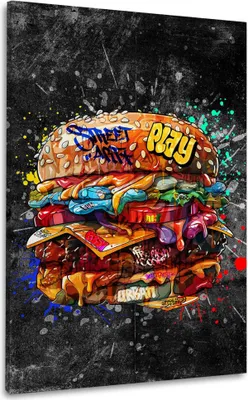A vibrant, graffiti-style illustration of a large, multi-layered burger against a dark, splattered background.