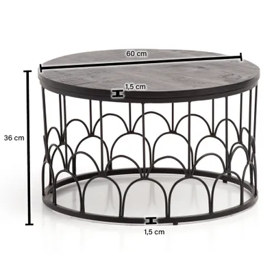 A round coffee table with a dark wood top and a decorative metal base, shown with dimensions indicated.
