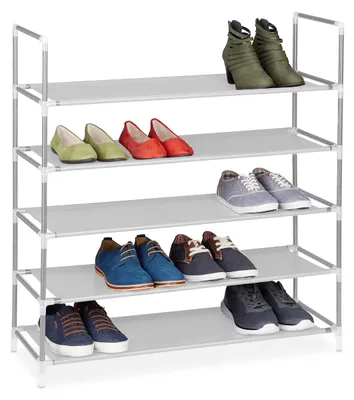 Productafbeelding van Relaxdays schoenenrek, modulaire opstelling, 5 niveaus, schoenenopslag voor 20 paar schoenen, metaal en stof, afmetingen (h x b x d) 90,5 x 87 x 29,5 cm, wit, AI-gegenereerde afbeelding