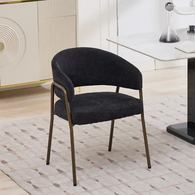 Produktbild von Esszimmerstuhl mit Armlehnen und Metallbeinen in Antik-Messingoptik Chenille Küchenstühle Freizeitstühle Schwarz