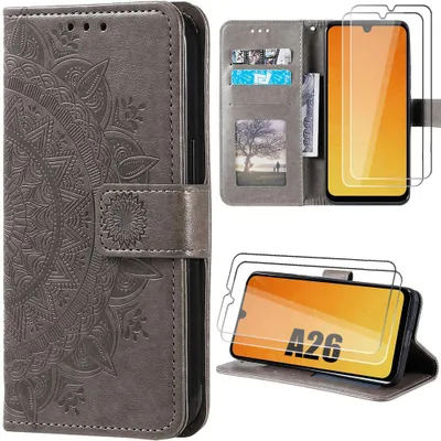 Image de Coque + 2 Verres Trempés pour Samsung Galaxy A26 5G, Flip Case Cuir Synthétique Motif Relief Mandala Oriental - Marron