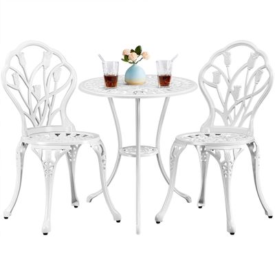Yaheetech Sitzgruppe 3-teilige Gartenmöbel Set 3 TLG. Bistroset Balkonset Aluminiumguss Gartentisch mit 2 Stühlen Gartengarnitur Gartenmöbel, Weiß