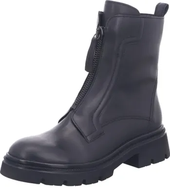 A black leather boot with a front zipper is shown against a white background.