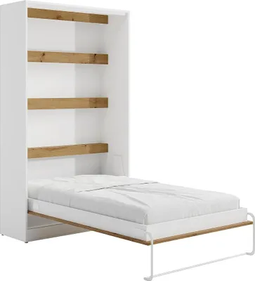 Produktbild von Schrankbett - 120 x 200 cm - Manuelle vertikale Öffnung - Mit LED-Beleuchtung - Weiß & Holzfarben - RAPILI