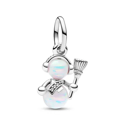 A silver charm shaped like a snowman with opal-like spheres and a broom.