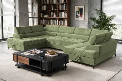 Produktbild von Sofiland BEVIANO Wohnlandschaft U-Form Schlaffunktion 345x202 cm Chenille Grün