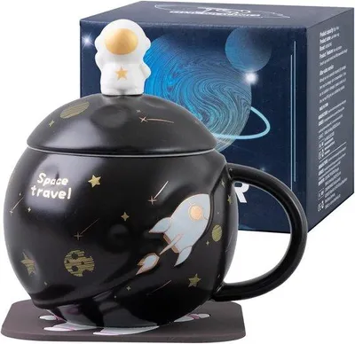 Produktbild von Schwarze Keramik-Kaffeebecher mit Deckel, Löffel und Untertasse