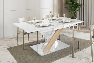 Produktbild von Esstisch BRONX, Stilvoll Ausziehbar Esszimmertisch, Design Tisch, Esszimmer (Weiß Hochglanz + Eiche Sonoma)