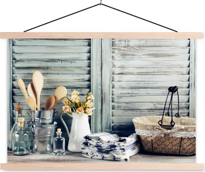 Produktbild von MuchoWow® Textilposter Stilleben - Küchenutensilien - Rustikal 60x40 cm mit holzfarbenen Rahmen - Bilder