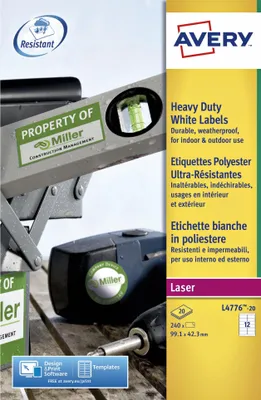 Produktbild von Avery – Etikett L4776-20, 99,1 x 42,3 mm, Polyester, weiß, 240 Etiketten