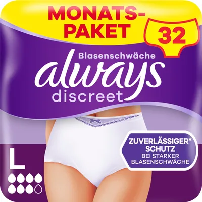 Produktbild von Always Discreet Inkontinenz-Höschen Plus Für Frauen, L, 32 Höschen, Verhindert Auslaufen Und Gerüche, Angenehm Und Kaum Spürbar