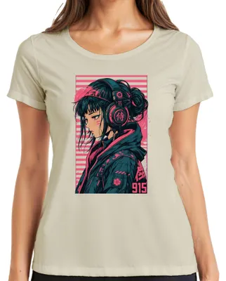 Immagine prodotto di Maglietta da donna con stampa "Anime, cuffie, cyberpunk, Giappone, manga, Y2K, otaku", colore naturale, taglia S