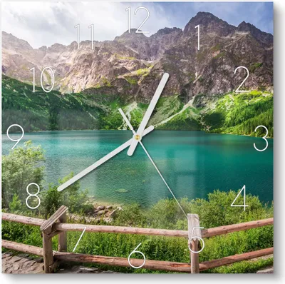 Produktbild von DEQORI Glasuhr 30x30 cm Zahlen 'See vor Bergkulisse' Wanduhr Glas Uhr Design leise
