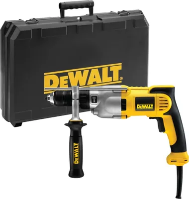 A DeWalt hammer drill and its carrying case are displayed against a white background.
