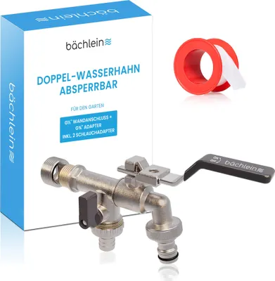 Produktbild von Bächlein Universal Doppel Auslaufhahn für den Garten [anthrazit] zum Abschließen inkl. 2 Schlauchanschlüssen - edler abschließbarer Doppelwasserhahn mit 1/2 und 3/4 Zoll Anschluss