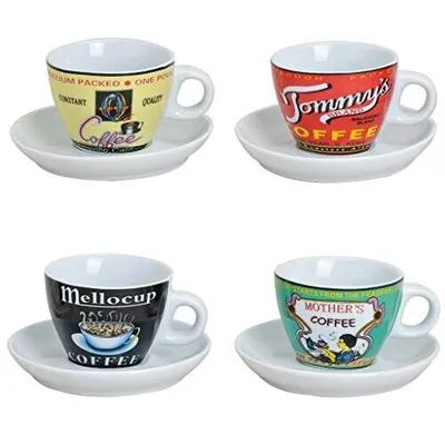 Produktbild von Espressotassen Set Bunt Aus Porzellan 4 Tassen Inkl Unterteller In Weiß Modern Retro Design