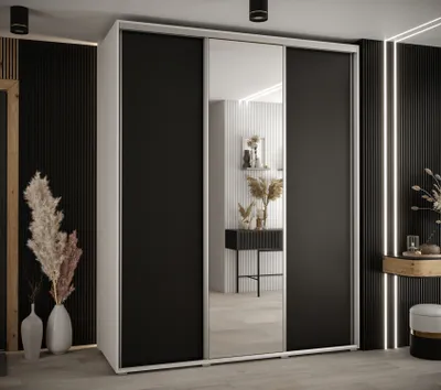 Produktbild von Kleiderschrank YVONA 3 – 190/60 cm, weiß/schwarz/silber