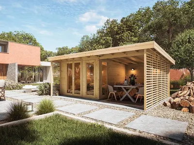 Produktbild von Gartenhaus Homeoffice Arvo 28 mm naturbelassen mit 250 cm Anbau