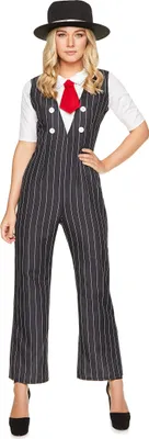 A woman wearing a gangster costume.
