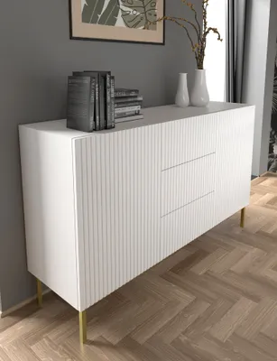 Produktbild von Kommode RAVENNA B 150 cm 2D3S rahmen WEIß MATT / WEIß MATT Sideboard MDF 2 Türen 3 Schubladen Highboard Schrank offene Regale Büfett mit gefräster fronten