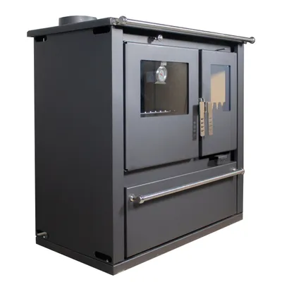 A dark gray wood-burning stove with a glass oven door and a storage drawer.