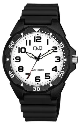 Zdjęcie produktu dla Zegarek męski Q&Q, tworzywo sztuczne, pasek silikonowy, Superluminova, czarny/biały, 10 ATM, Ø 43 mm