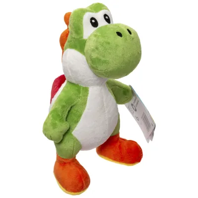 A plush toy of the character Yoshi from the Super Mario franchise, standing against a white background.