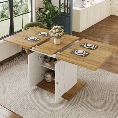 Immagine prodotto di STILVORA Tavolo da pranzo allungabile con vano portaoggetti integrato, piano in legno impiallacciato con motivo a rilievo, tavolo allungabile versatile per cucina e soggiorno