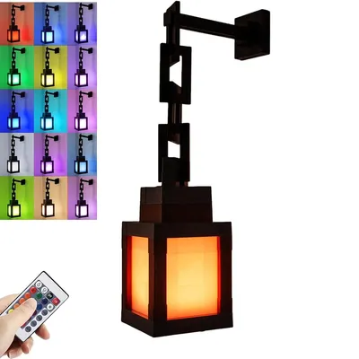 A collage of images showing a wall-mounted lamp with a chain design, illuminated in various colors, and a remote control.