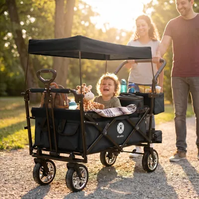 Produktbild von Miweba Bollerwagen MB-20 faltbar | Transportwagen mit Dach - Handwagen - Transportkarre - Hartgummireifen - mit Anschnall-Gurt - bis 100 kg (Schwarz)