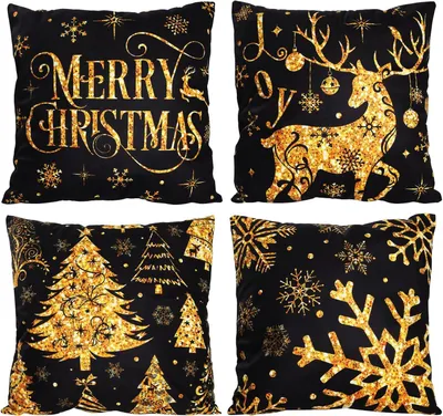Produktbild von Kissenbezüge Weihnachten, 45x45 cm - Set mit 4 Stück - Dekokissenbezüge - Schneeflocken und Weihnachtsmann - Für Sofa