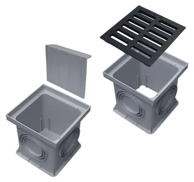 Produktbild von Marley Einlaufschacht + Schacht ohne Boden, Geruchsverschluss + Gussrost 200x200mm Hofablauf befahrbar