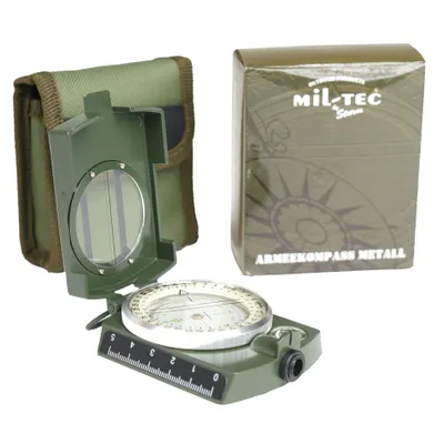 A green MIL-TEC army compass with its packaging and case, displayed on a white background.