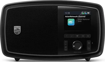 A black digital radio with a screen displaying information.