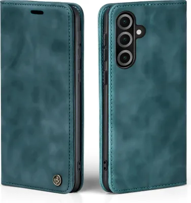 A teal-colored flip case for a smartphone is shown from two angles.