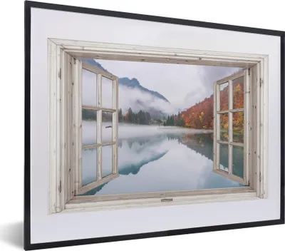 Produktbild von MuchoWow® Gerahmtes Poster Aussicht - Herbst - Wasser 40x30 cm - Poster mit Schwarzem Bilderrahmen Wandposter Rahmen Foto Bilder - Bilderrahmen - Poster im Rahmen