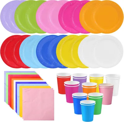 Imagen del producto de Vajilla de papel de colores, juego de 60 piezas, con platos de 18 cm, vasos y servilletas, ideal para fiestas infantiles