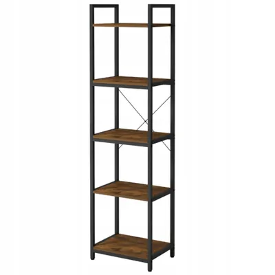 A tall, narrow bookshelf with a metal frame and wooden shelves.
