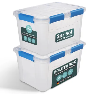 Produktbild von Kreher® Aufbewahrungsbox 50 L mit Deckel - wasserdicht & staubdicht, transparent & stapelbar, BPA- & schadstofffrei, robuste Kunststoffbox (2 Stück)