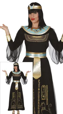 Productafbeelding van Egyptische koningin carnavalskostuum met gouden details. Kostuum van een farao. Historische vermomming. Inclusief kraag, hoofdsieraad en accessoires. Mystieke heerseres. Cleopatra. Maat: 42 - 44 (L). Kleur: zwart