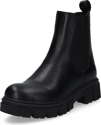 A black leather Chelsea boot with a thick sole is shown against a white background.