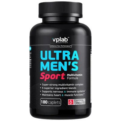 A black bottle of Vplab Ultra Men's Sport Multivitamin.